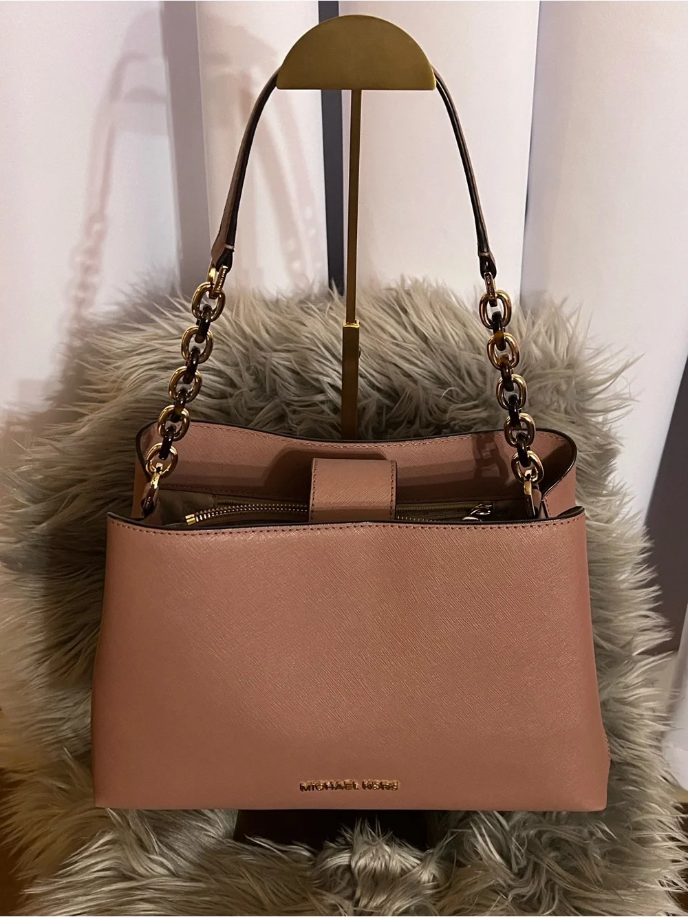 Michael Kors Rose-Tan Leather Shoulder Bag with Gold Chain